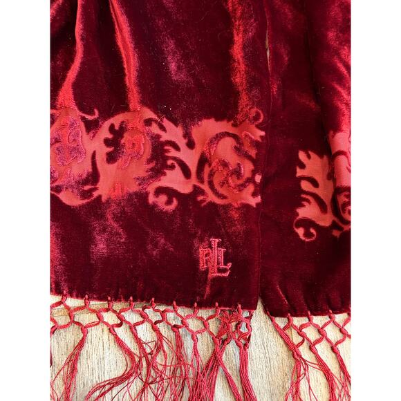 LRL Lauren Ralph Lauren Scarf Womens Burgundy Velvet Fringe Silk Blend Elegant - Picture 5 of 7
